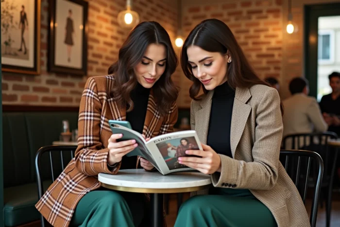 Deux femmes élégamment habillées découvrent les dernières tendances mode ensemble dans un café parisien chaleureux