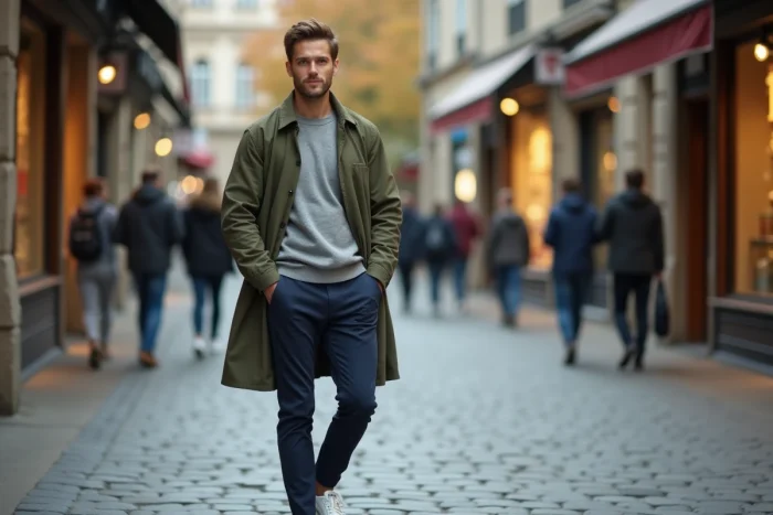Homme stylé en tenue de mode automnale dans une rue pavée européenne, incarnant les tendances mode de la saison