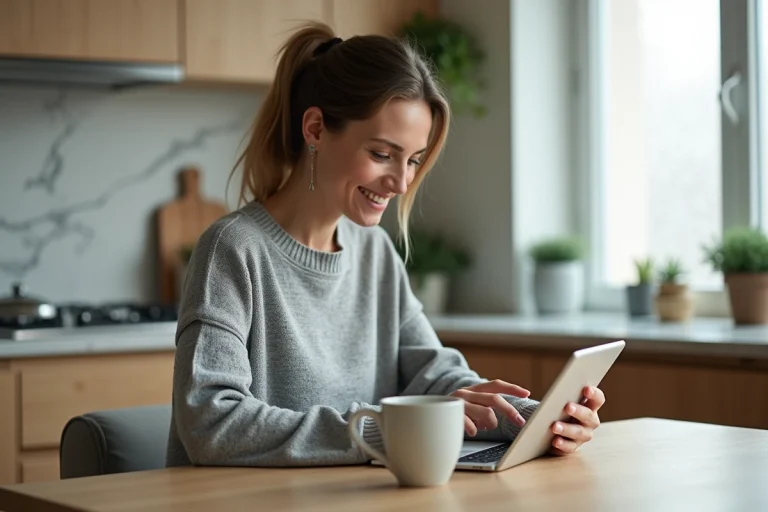 Femme utilisant un service d'abonnement sur tablette dans une cuisine moderne