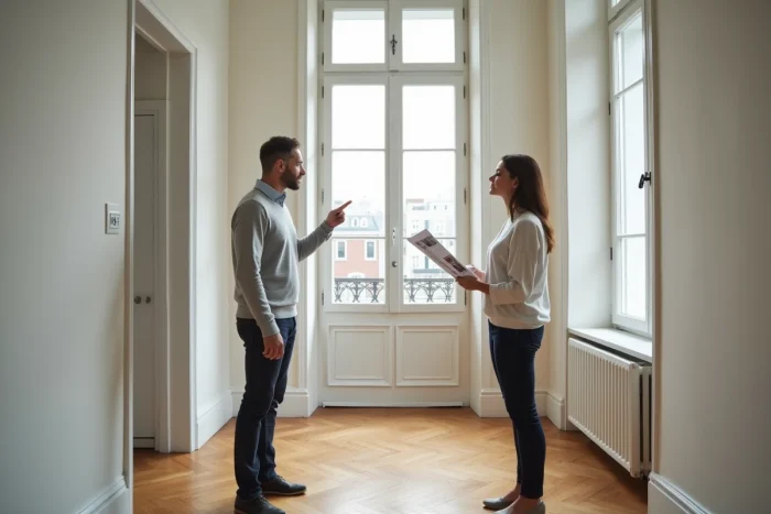 Visite d'un appartement haussmannien avec un agent immobilier pointant les détails architecturaux