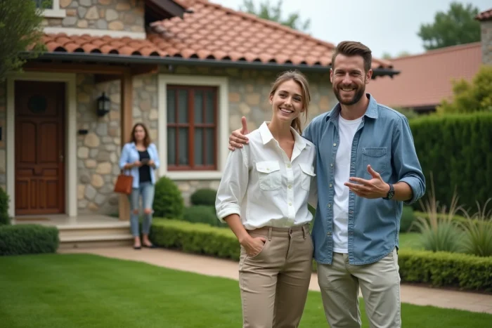 Couple visitant une maison individuelle avec jardin accompagné par un conseiller immobilier