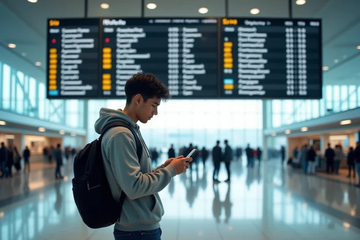 Voyageur avec sac à dos consultant son téléphone devant le tableau des départs dans un aéroport moderne