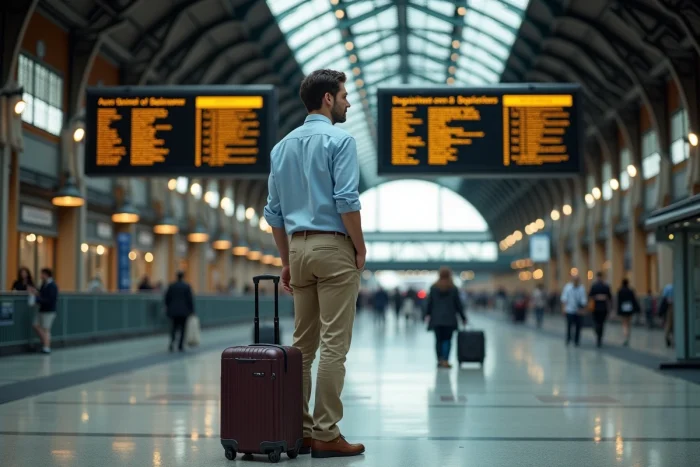 Voyageur consultant le tableau des départs dans une grande gare ferroviaire européenne