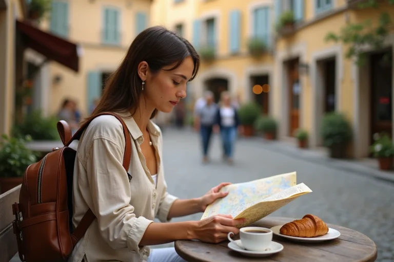 Voyageuse étudiant une carte papier en terrasse de café dans une ville provinciale française